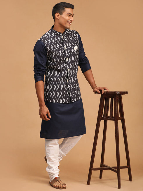 Vastramay Men's Black Ikkat Printed Cotton Nehru Jacket With Navy Blue Kurta And White Pyjama Set